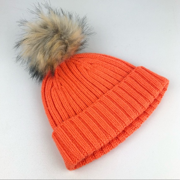 J.CREW NWT Ribbed Knit Neon Fur Pom Pom Beanie